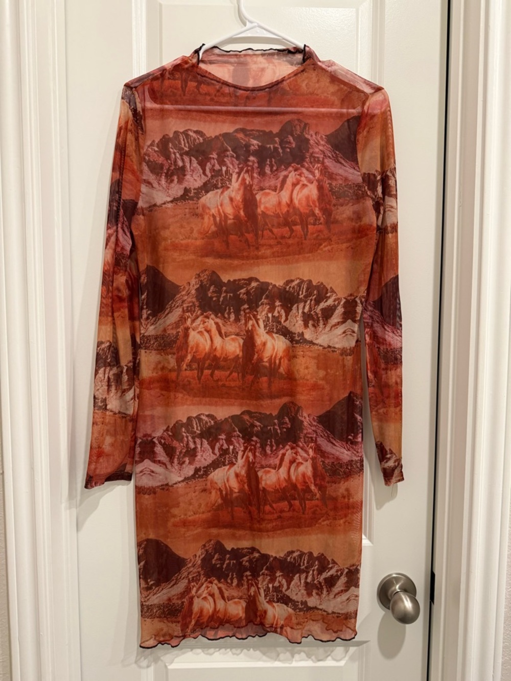 Long-Sleeve Sheer Mesh Dress in Rust Horse Print